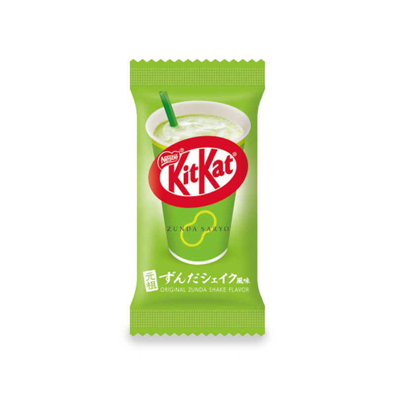 A piece of the collaboration between Zunda Saryo's iconic "Zunda Shake" and Nestlé Japan's KitKat