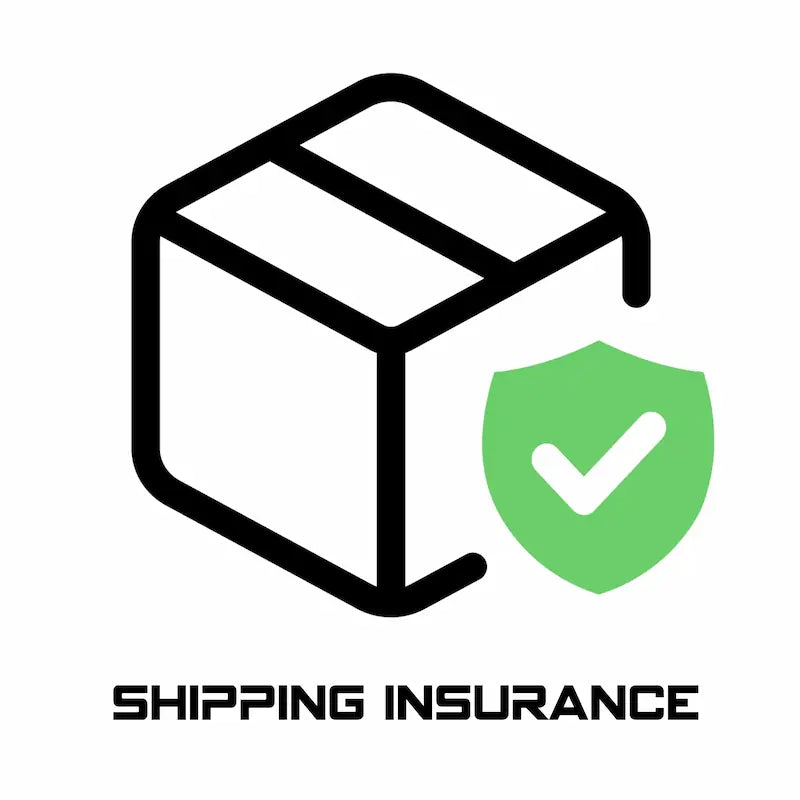 Logo for shipping insurance with a black box and green shield featuring a white check mark on a white background.