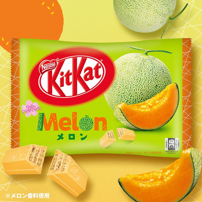 Advertising that shows the inside of the japanese Kit Kats with melon flavor